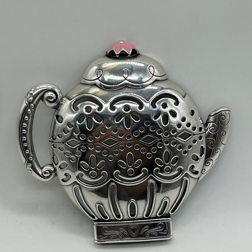 Brighton Silver Teapot Night Light Filigree Heart Pink Enamel Finial Tested